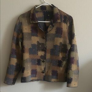 Vintage Tan /Blue Wearable Art Abstract Design Unique Buttons Women's Blazer.S